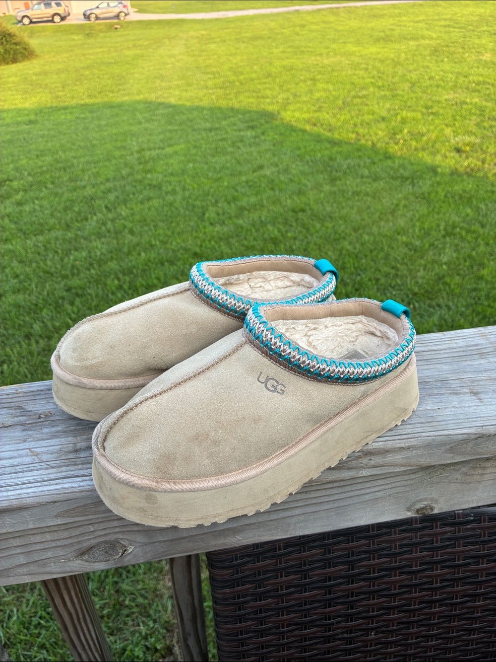 UGG Beige Suede Slip-On Mules with Turquoise Trim - Picture 1 of 3